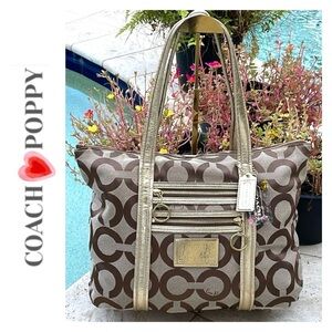 Coach Poppy Op Art Khaki/Gold Glam Tote/Shoulder bag. Gold Hardware